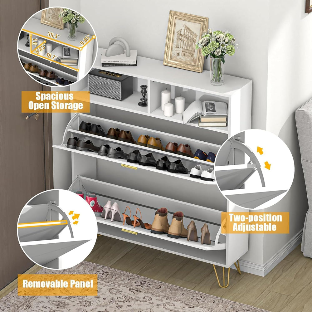 JOZZBY 46'' Tall Shoe Cabinet with 2 Flip Drawers and Open Shelves, W...