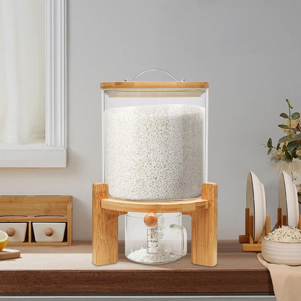 Rice Dispenser Cereal Container With Wooden Stand & Measuring Cup 5L