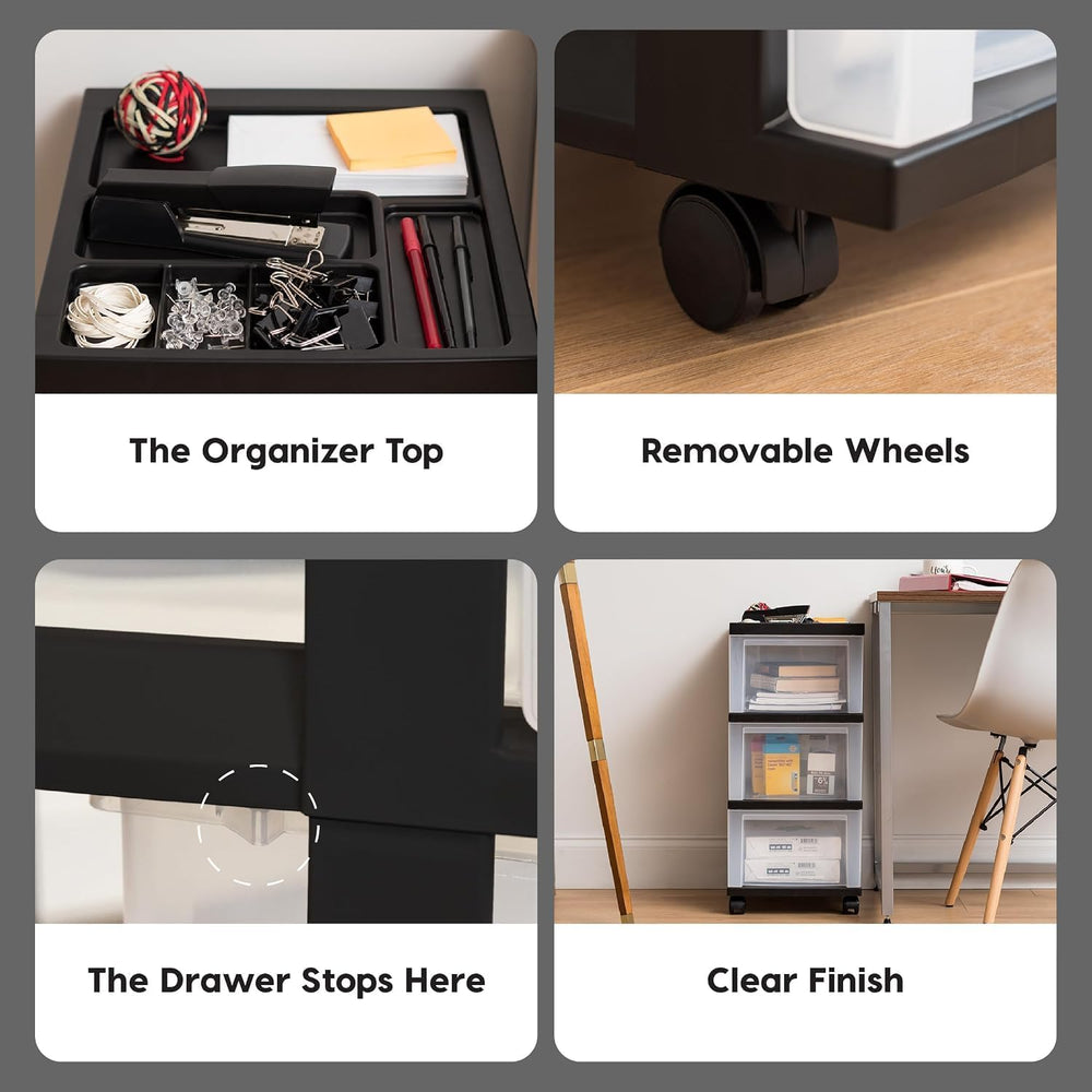 IRIS USA 3-Drawer Rolling Storage Cart, Black/Clear
