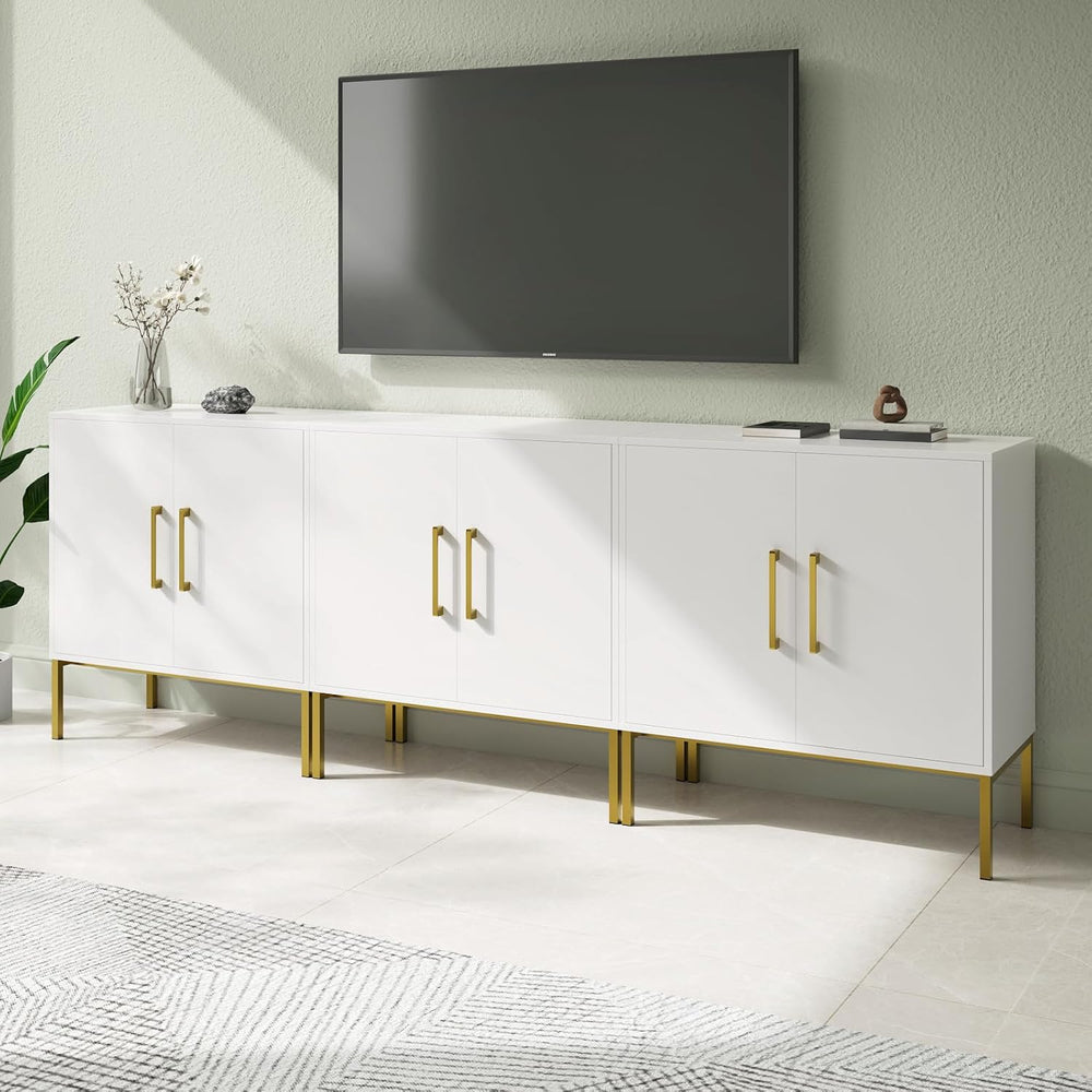 Set of 3 Storage Cabinets with Adjustable Shelf and Gold Handle, White丨Buffet...