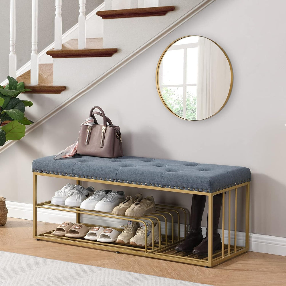 Upholstered Shoe Storage Bench-Nailhead Trim Linen Ottoman Bench with Shoes R...