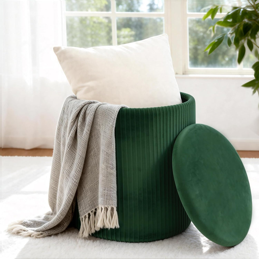LITZFUR Round Ottoman with Storage, Velvet Foot Rest Stool, Green