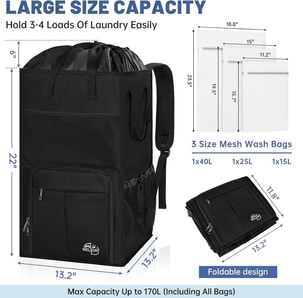 Large Laundry Backpack Bag with 3 Sizes Mesh Wash Bags Total 170L