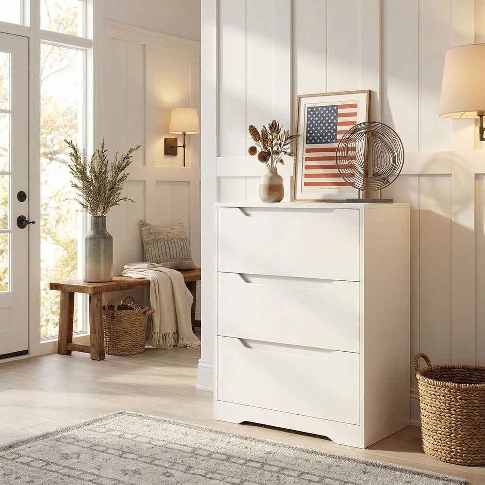 HOSTACK Modern 3 Drawers Dresser, Wood Chest of Drawers with Storage, White