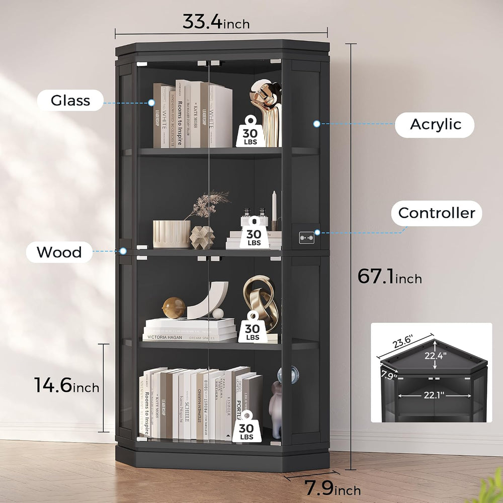 Jocoevol 67" Tall Corner Glass Display Cabinet with Multi-Color RGB Lights