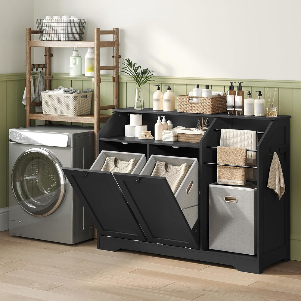 43.3" Laundry Hamper Cabinet, Double Tilt-Out Laundry Hamper with 4 Hook...