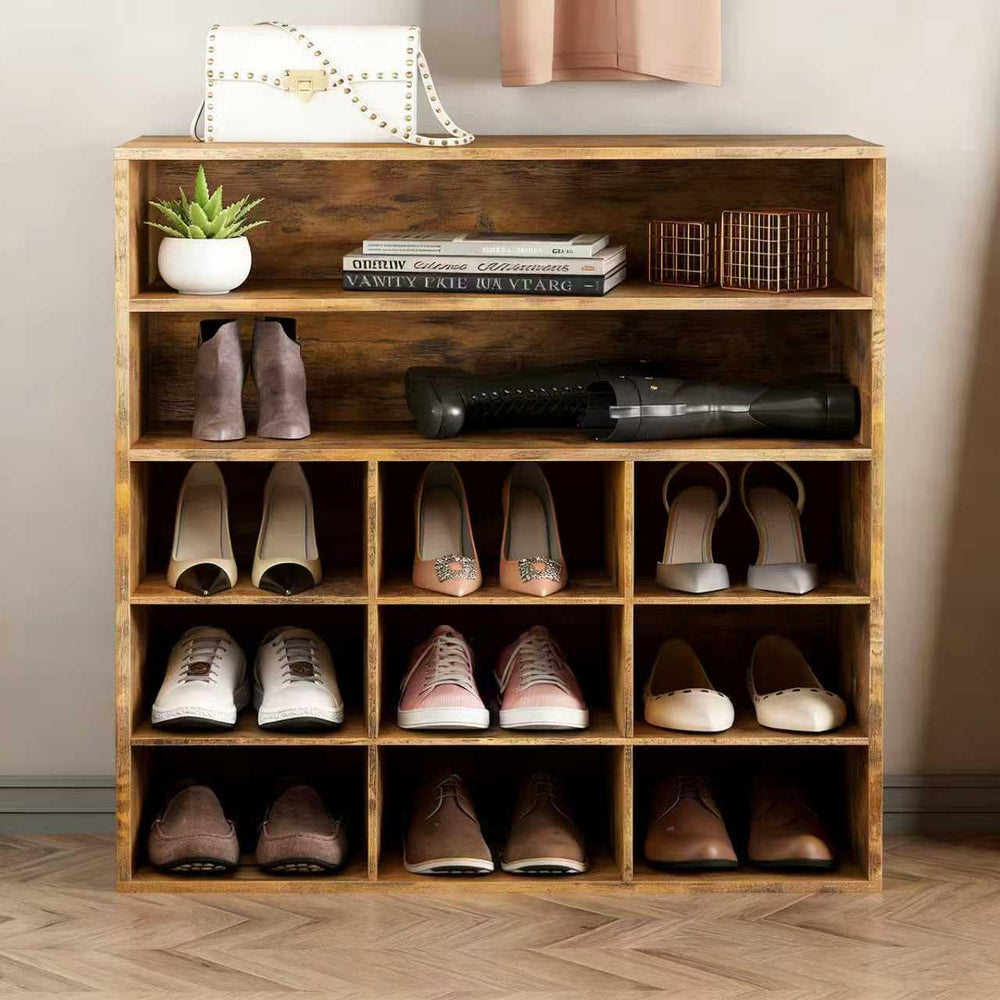 9-Cubby Shoe Rack, Wood Shoe Organizer Bench for Entryway Hallway Closet