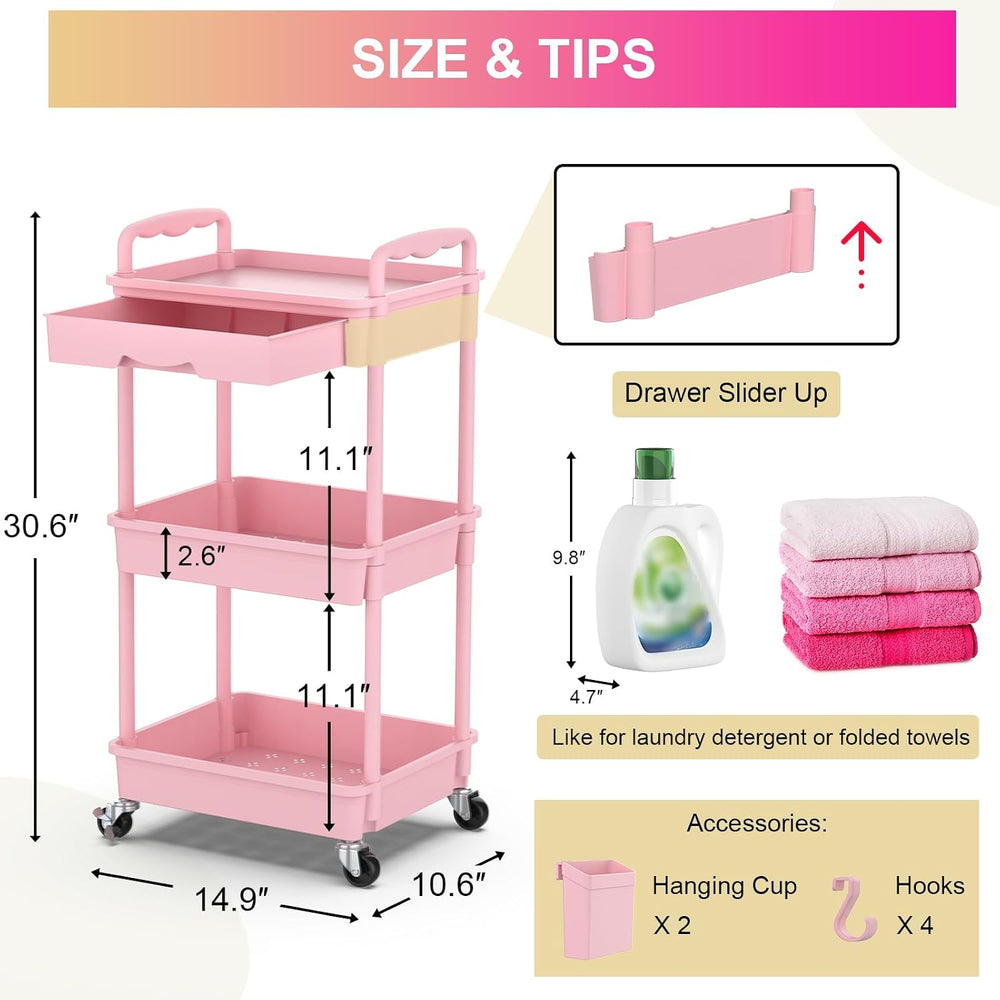 3 Tier Rolling Utility Cart Organizer with Removable Drawer, Pink