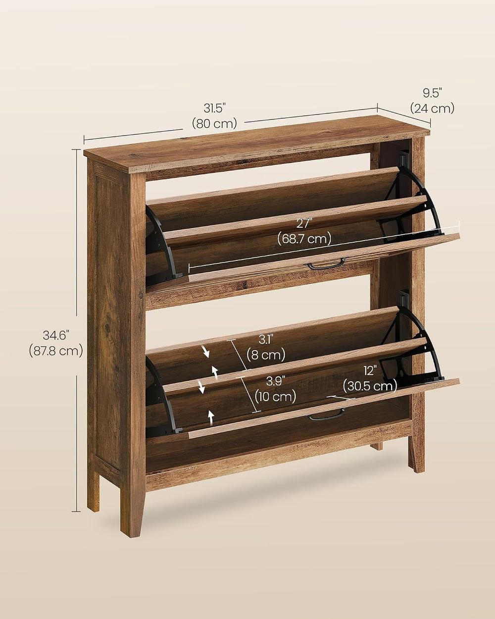 VASAGLE Farmhouse Shoe Cabinet, Narrow Storage Organizer, 2 Flip Drawers
