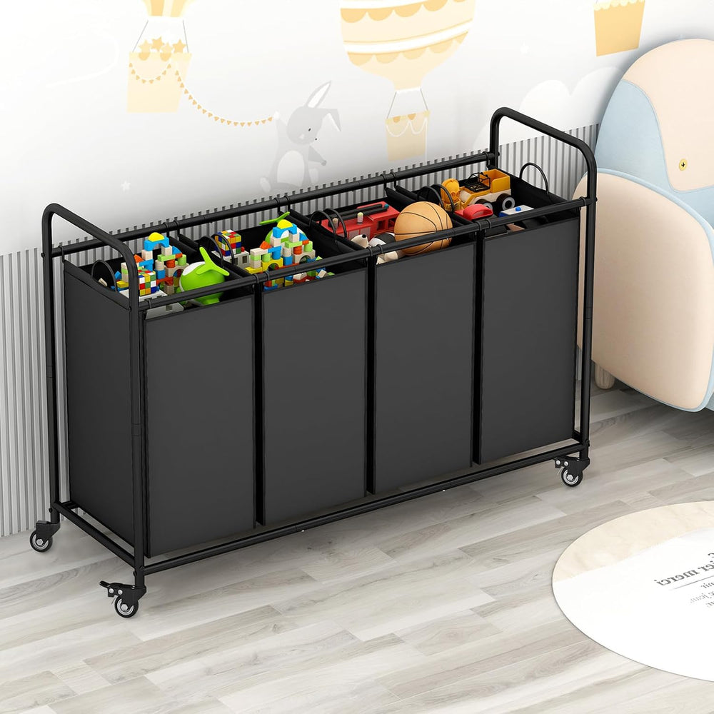 LINZINAR 4 Section Laundry Hamper, Black Laundry Basket 180L Laundry Sorter
