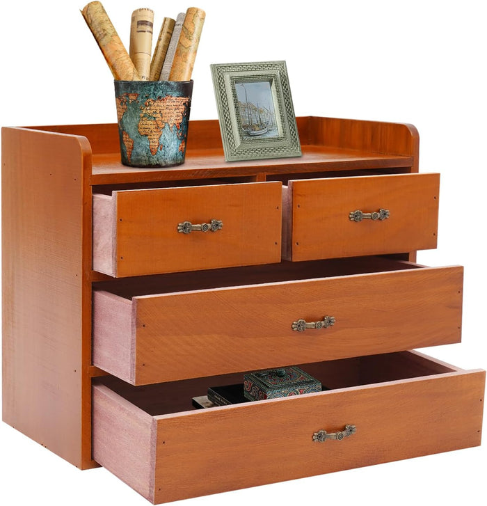 Wood Desktop Organizer with 4 Drawers Countertop Desk Storage Cabinet Retro Wooden Tabletop Storage Organization Box with Metal Handle for Home Office Bedroom Makeup Tools Organization, Brown
