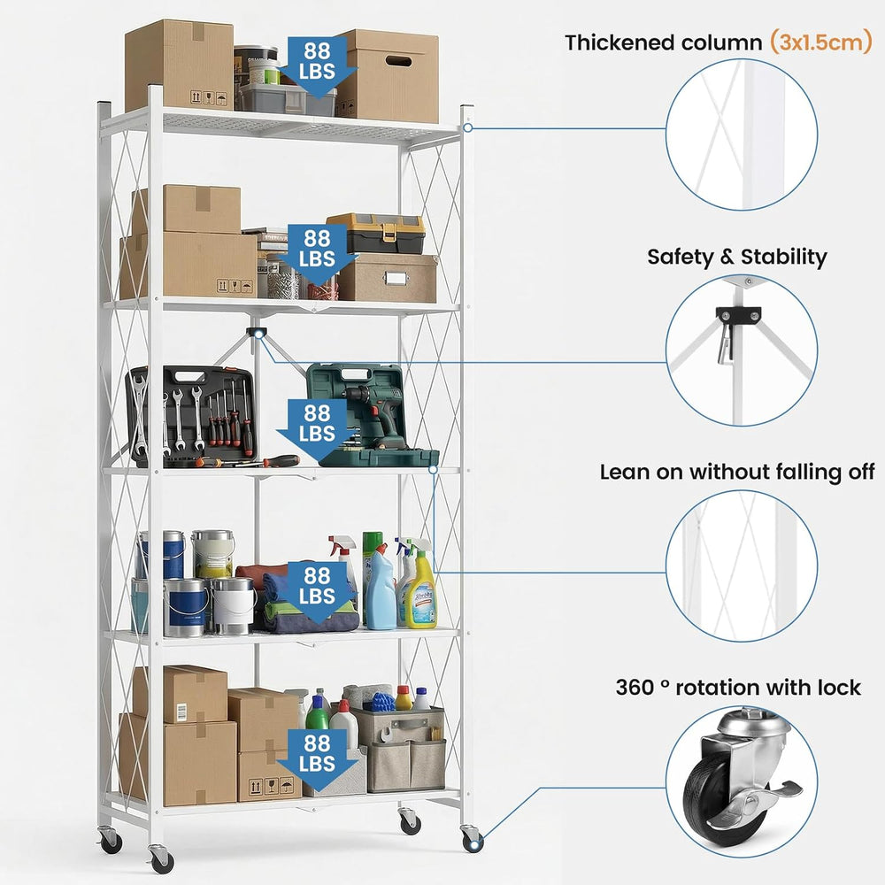 ALANNG 70.7" H Metal Storage Shelves, 5 Tier Folding Shelf on Wheels