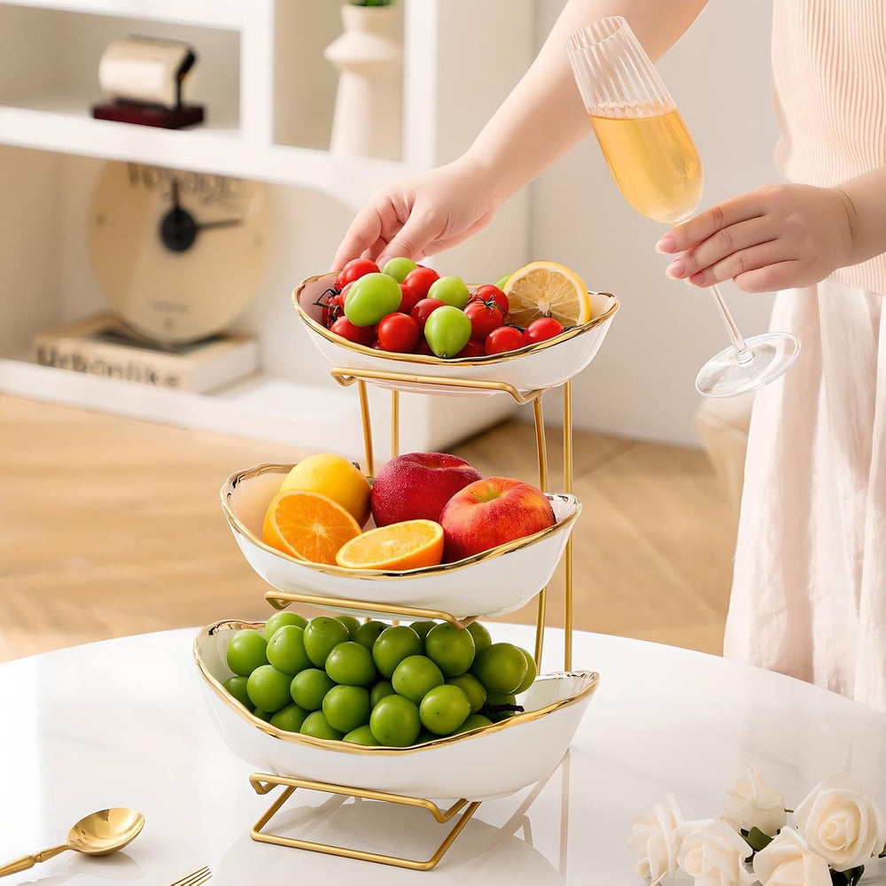 Gold Silver Fruit Bowl with Metal Stand, 3 Tier Ceramic White Fruit Bowl Frui...