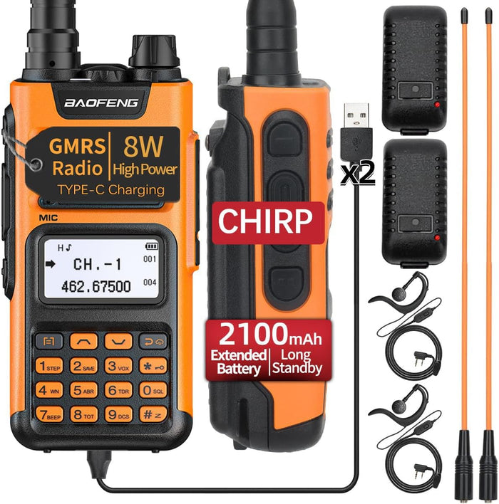 BAOFENG GMRS Handheld Radio GM-15 Pro 8W Rechargeable Long Range Walkie Talkies GMRS Repeater Capable,NOAA Weather Receiver and Scan Two Way Radio with Extended Battery USB-C Charger,2 Pack
