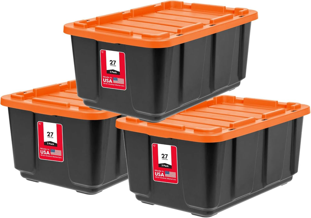 IRIS USA 3-Pack 27 Gal Heavy Duty Storage Tote Bins with Lids, Orange