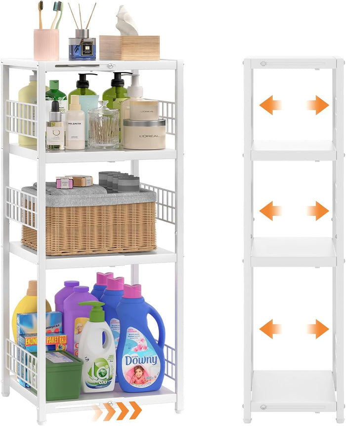 4 Tier Expandable Slim Storage Shelf, Metal Shelving Unit for Bathroom Storage Organizer, Freestanding Narrow Shelf for Small Spaces, Open Floor Shelves for Bathroom, Laundry Room, Kitchen,White