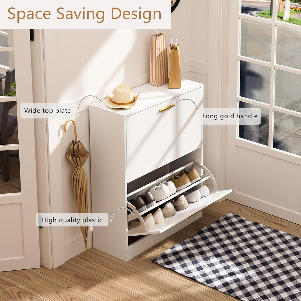 LYNSOM Entryway Shoe Cabinet Set of 2 with 2 Flip Drawers and Top Display, Wh...