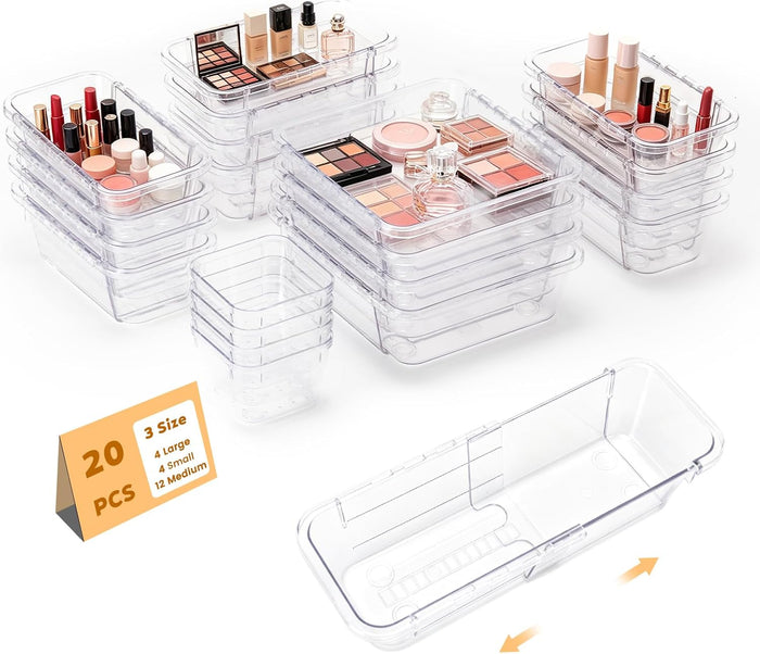 20PCS Clear Drawer Organizer Set, Expandable Acrylic Vanity Storage Bins, 2 Sizes Adjustable Plastic Junk Drawer Dividers, BPA-Free Non-Slip Stackable Organizers for Makeup, Bedroom, Office & Tools