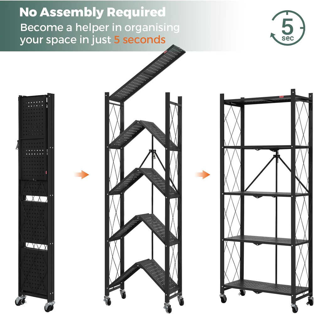 DEANIC 5-Shelf Folding Bookcase with Wheels, Rolling Bookshelf Heavy Duty Sto...