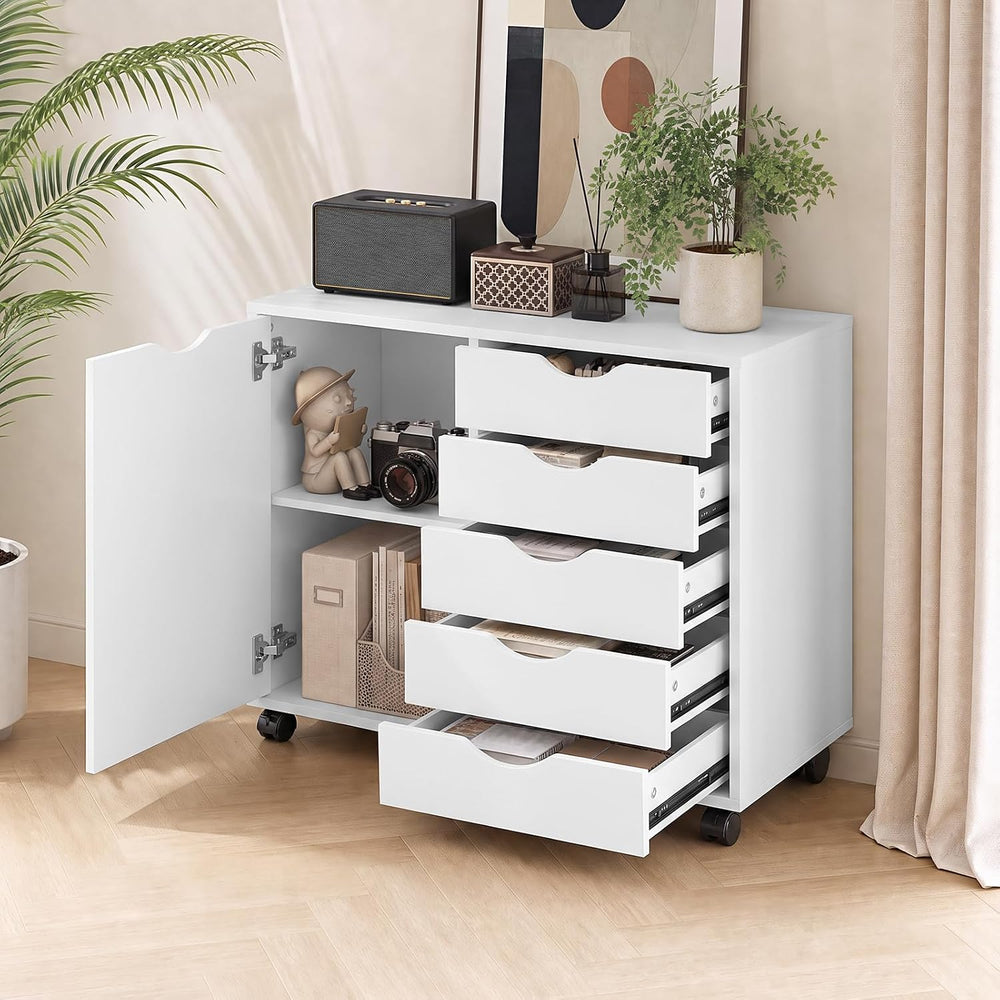 SweetGO 5 Drawer Wood File Cabinet with Wheels, Large Storage Printer Stand f...