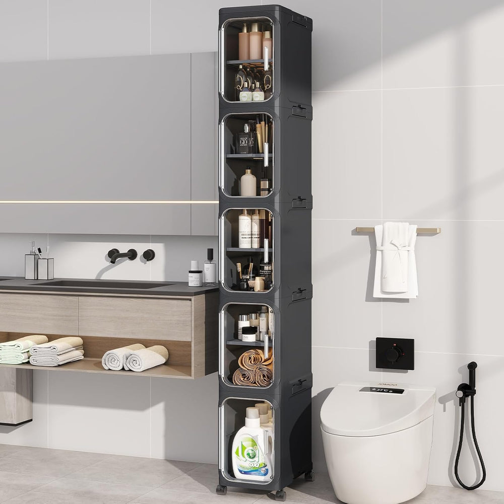 5 Tier Slim Bathroom Storage Cabinet, Foldable and Movable, Black