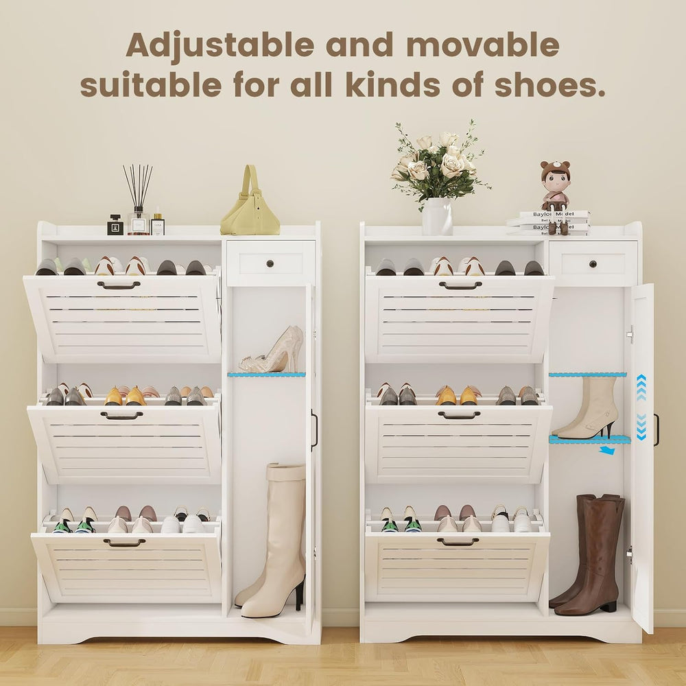 Shoe Storage Cabinet with 3 Flip Drawers, Freestanding Hidden Wooden Shoe Sto...