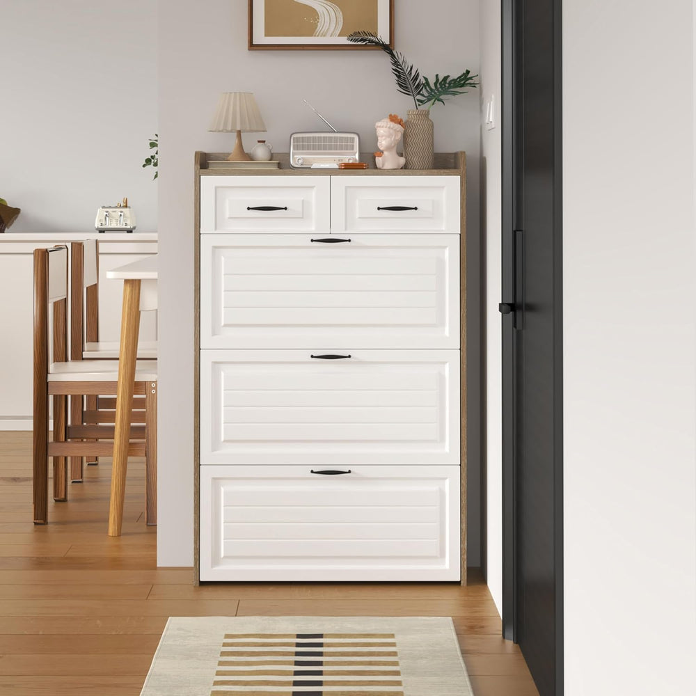 Shoe Cabinet with 3 Doors 2 Drawers, Wooden Narrow Shoe Storage Cabinet for E...