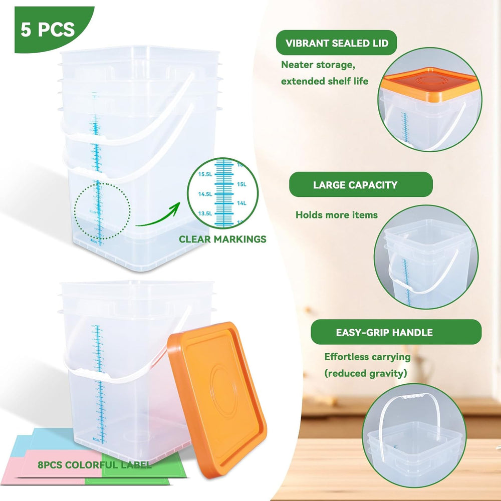 5 Pack 5 Gallon Square Plastic Bucket with Lids and Graduation Marks, Food Gr...
