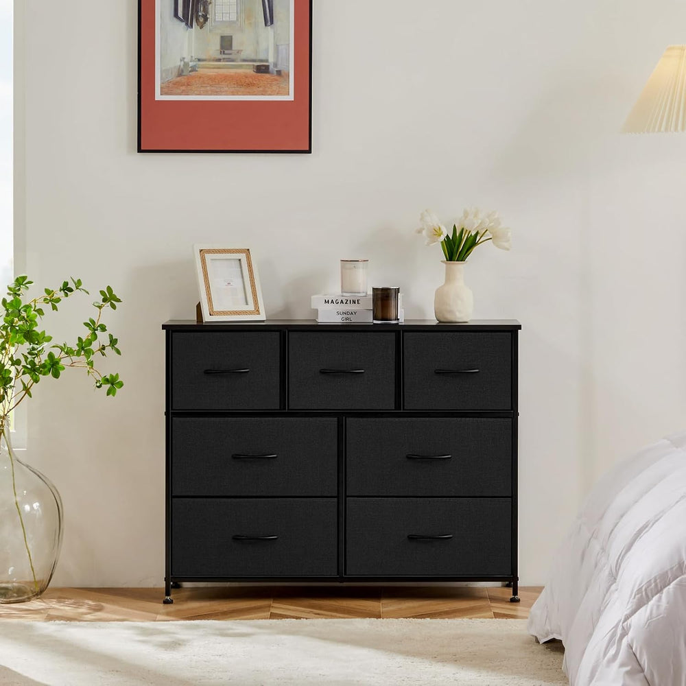 Sweetcrispy 7 Drawer Fabric Dresser for Bedroom Storage with Bins, Black