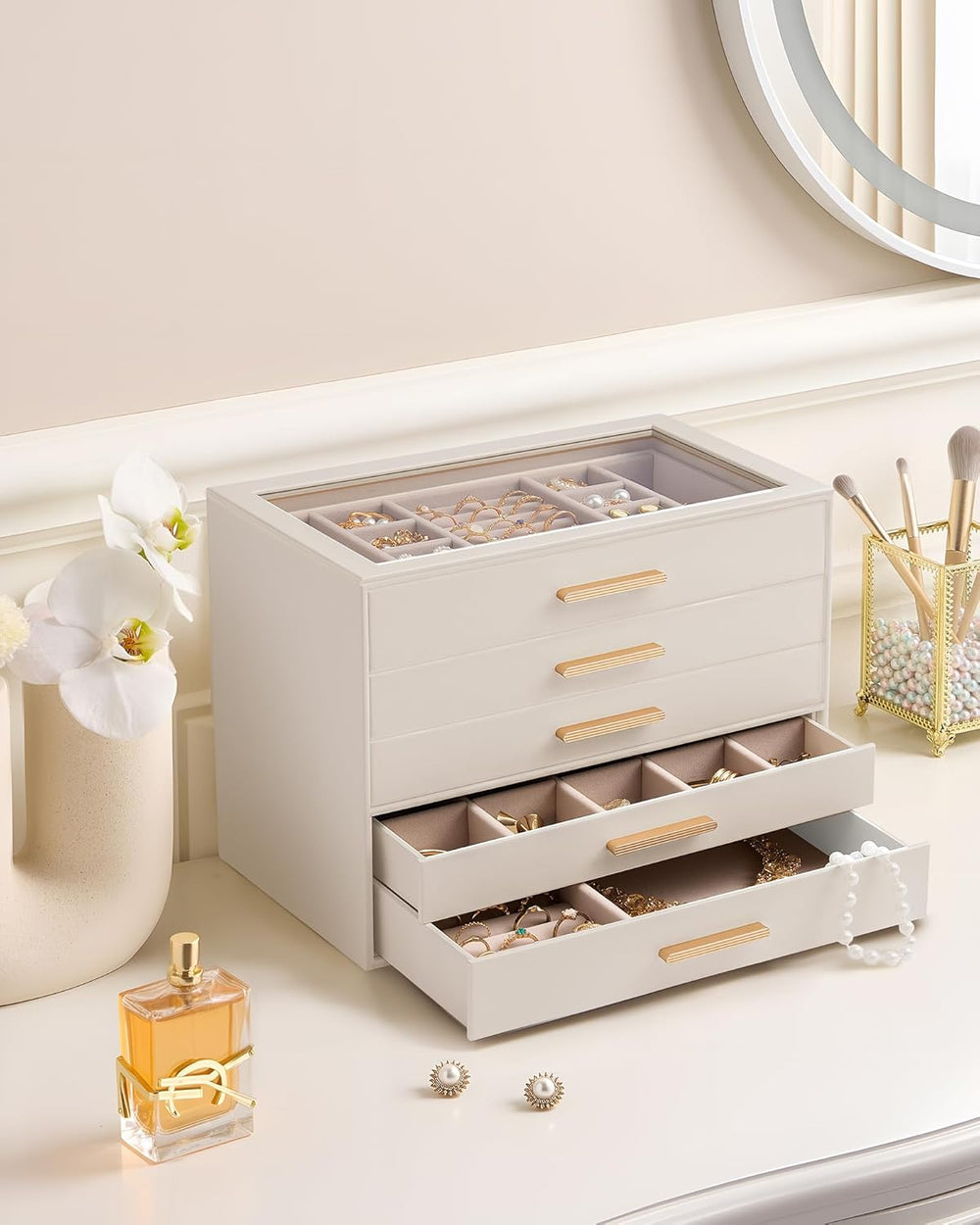 Lolalet Jewelry Box Organizer, 5-Layer Jewelry Storage Case -Beige