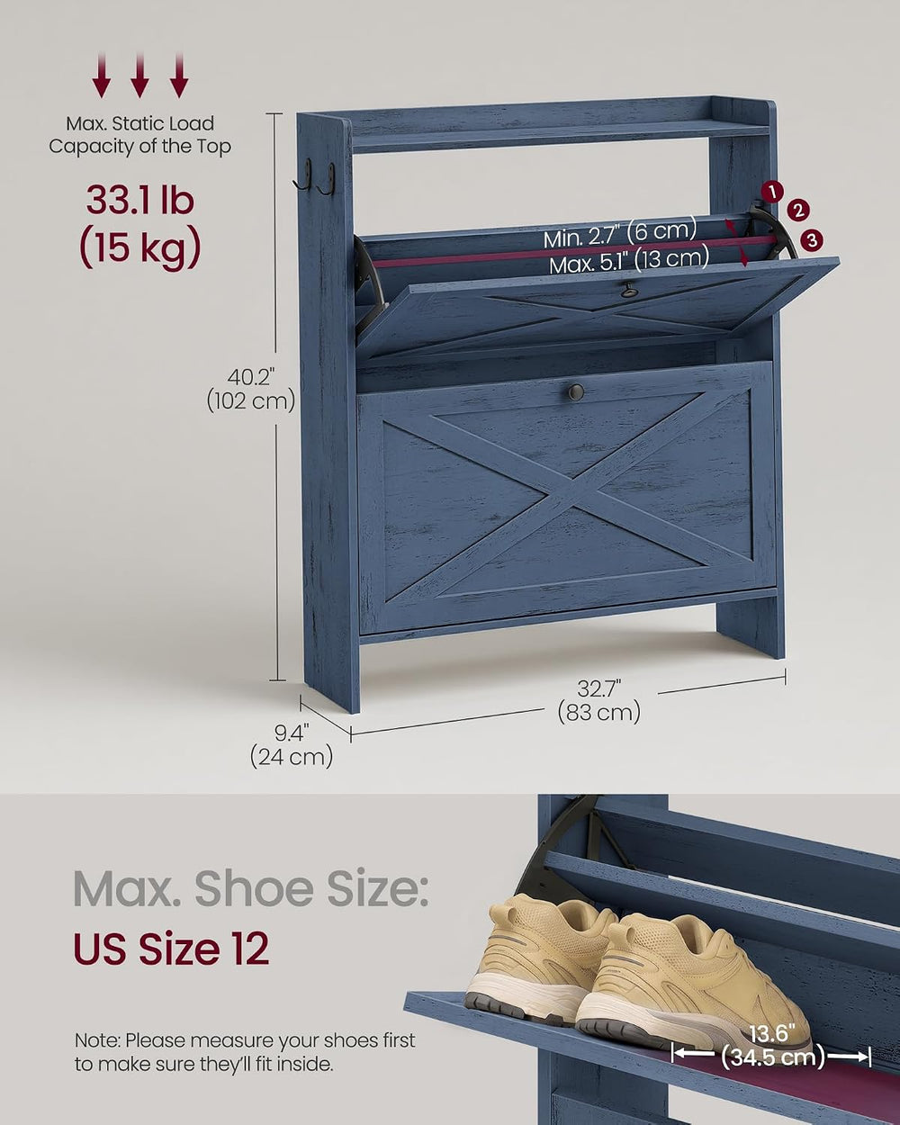 VASAGLE Narrow Shoe Storage Cabinet Organizer with 2 Flip Drawers