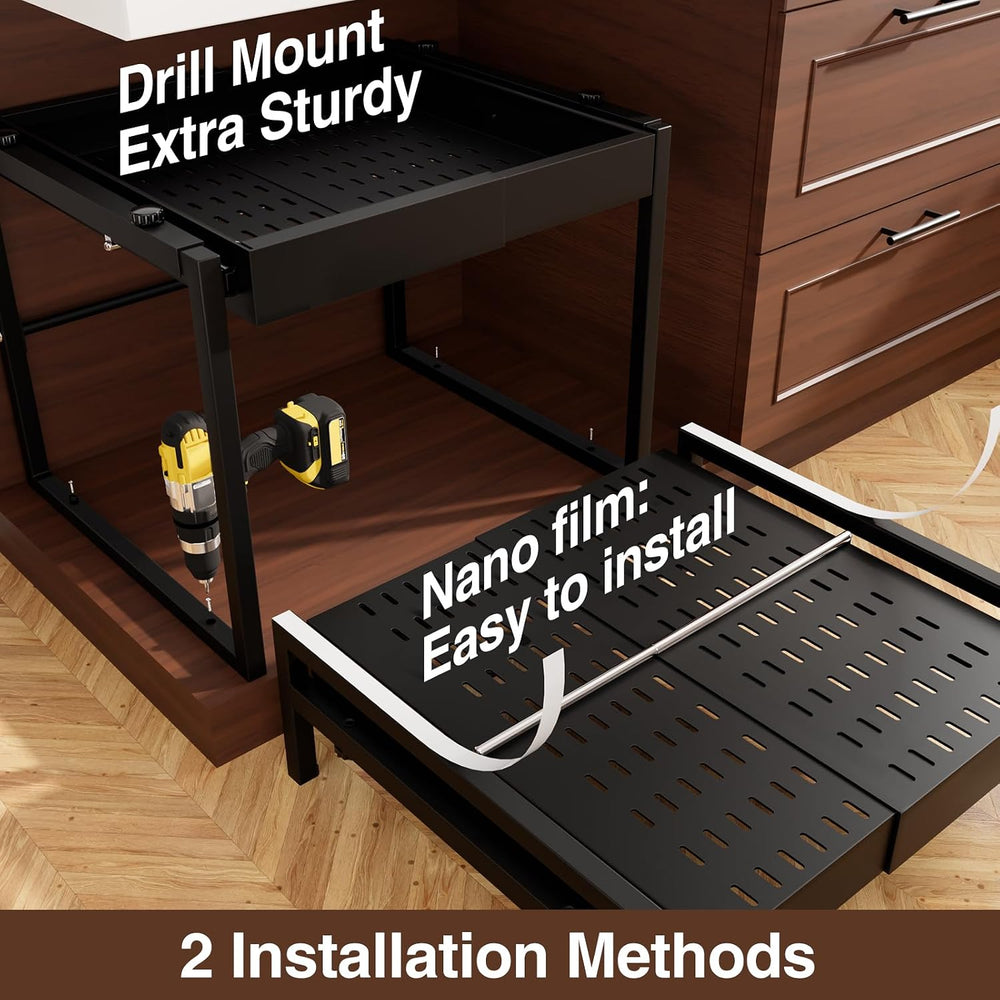 2-Tier Expandable Pullout Cabinet Organizer,Adjustable Width Metal Shelves