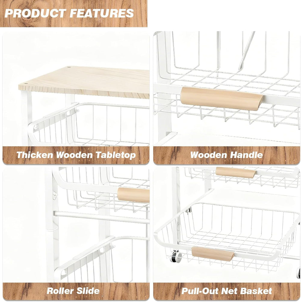 5-Tier Rolling Pantry Floor Storage Cart with Wheels&Wood Top, Large Capa...