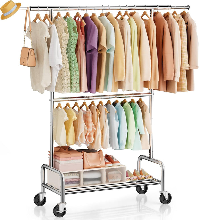 Clothes Rack Heavy Duty, 550 LBS Rolling Clothing Rack with Wheels, Silver