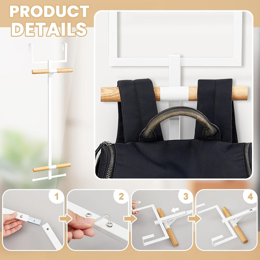 Briwooody 1 Pc Over Door Backpack Hanger, 2 Tier Metal Wood Hooks,White