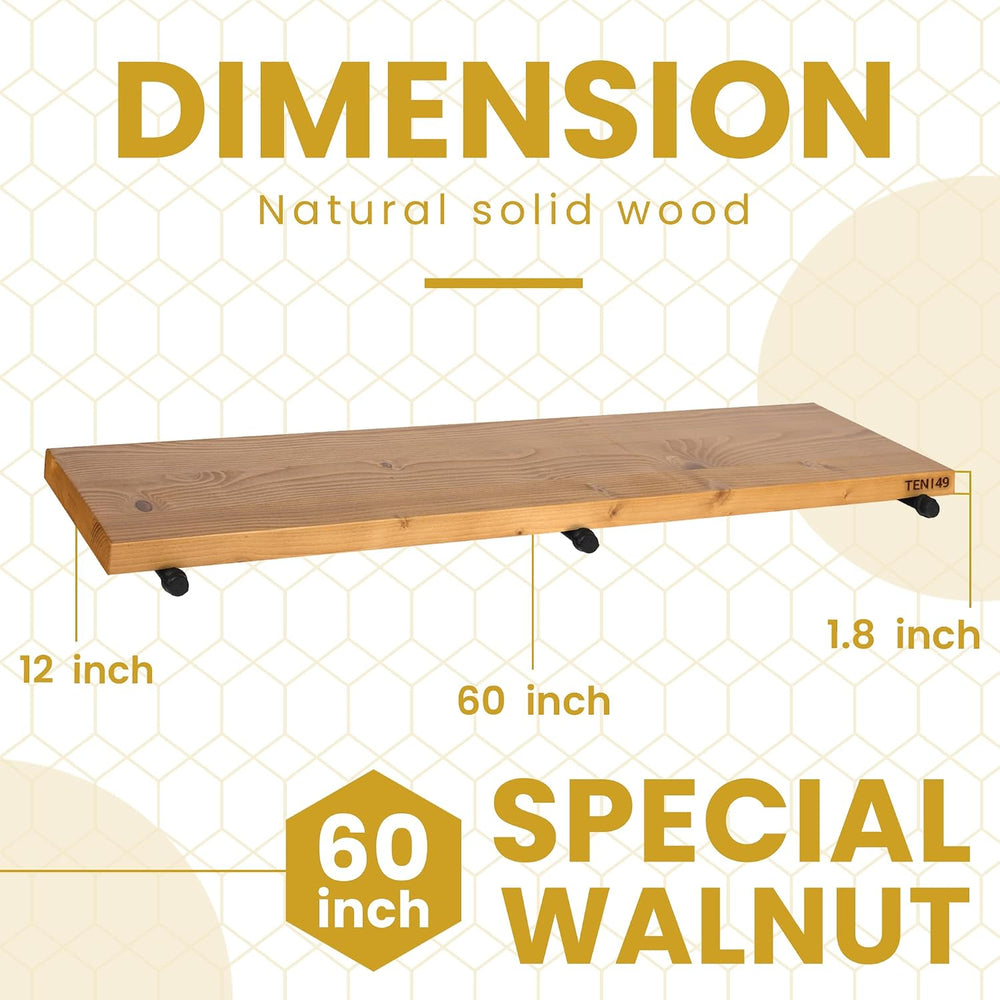 TEN49 Industrial Pipe Wood Wall Shelf - 60" Real Wooden Shelf w/ Special...