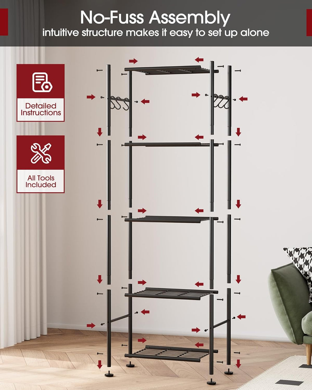 Sakugi 5-Tier Storage Rack Organizer with Hooks, Heavy Duty Metal Garage Rack...