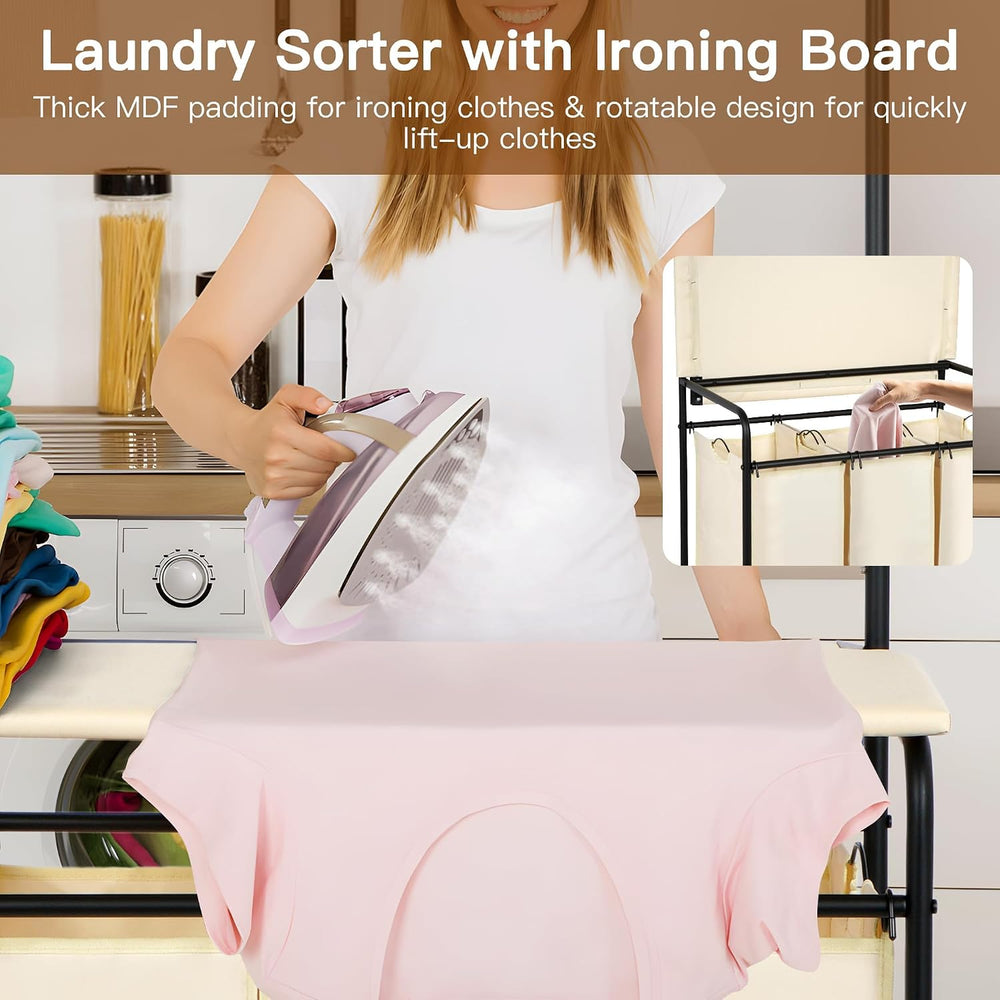 MYOYAY 3 Section Laundry Sorter with Garment Hanging Bar Rack Foldable Ironin...