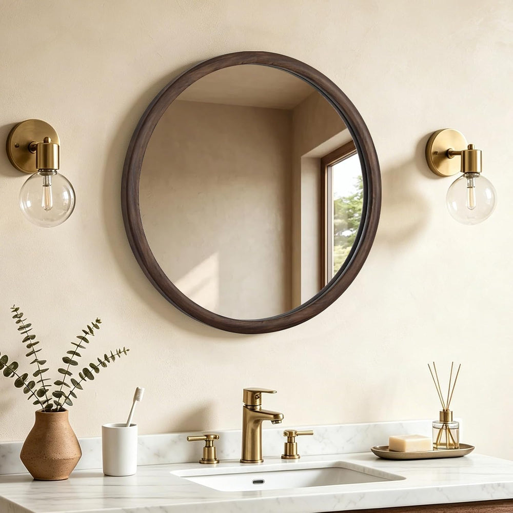 HOMECOOKIN 28 Inch Round Mirror, Farmhouse Wood Grain Framed Wall Mirror, Cir...