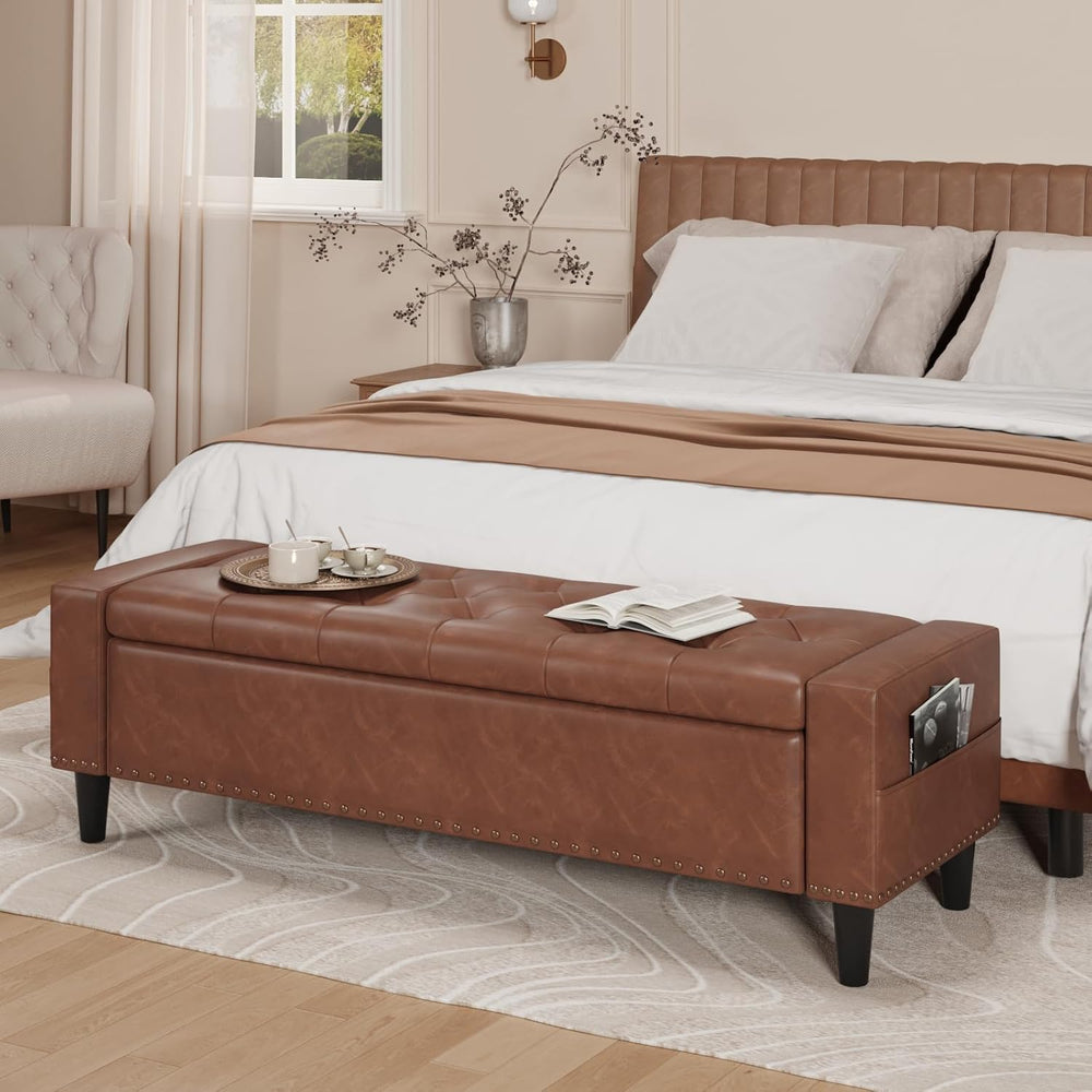 60" Storage Ottoman Bench, Faux Leather Upholstered Bed Bench, Brown