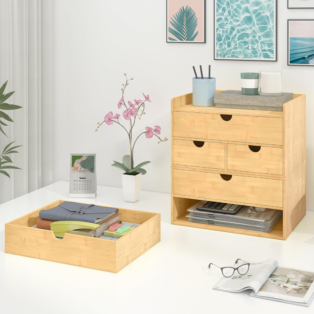 Bamboo Desk Drawer Organizer, Large Desktop Organizer with Drawers Tabletop S...