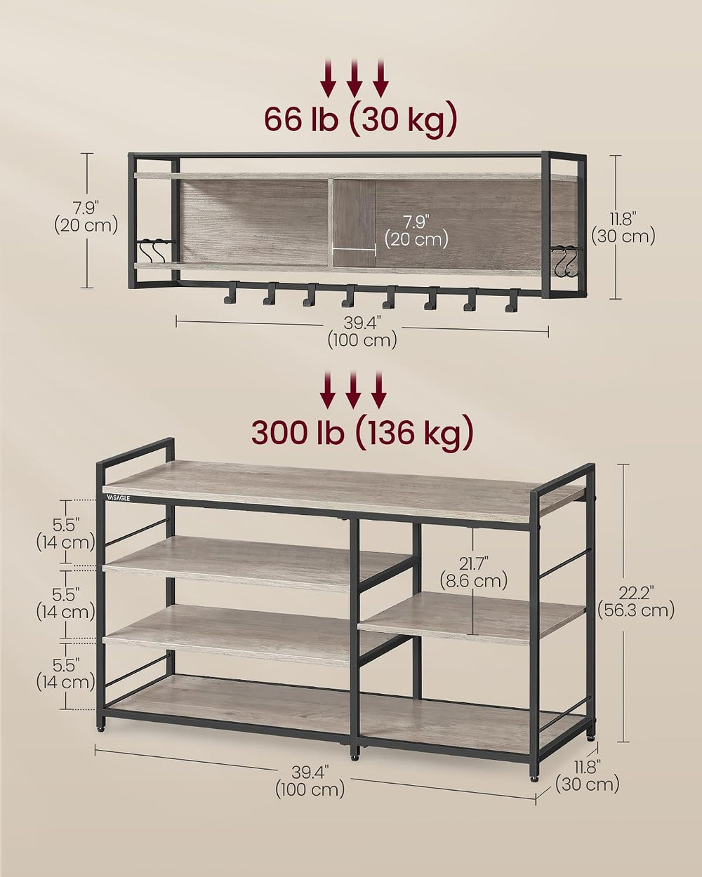 VASAGLE Hall Tree with Shoe Bench, 12 Metal Hooks, 4-Tier Shoe Rack
