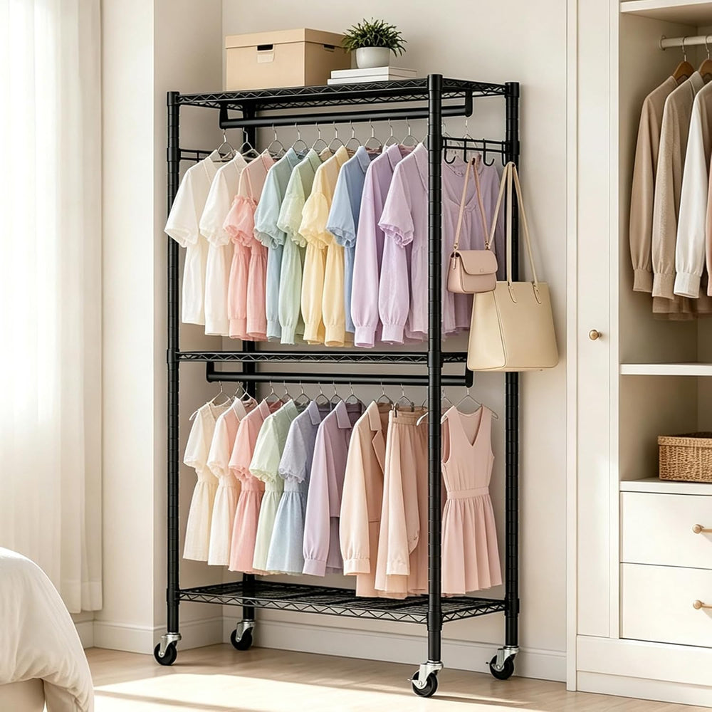 Rolling Clothes Rack With Hooks,Portable Closets With Wheels 35.2"x17&qu...
