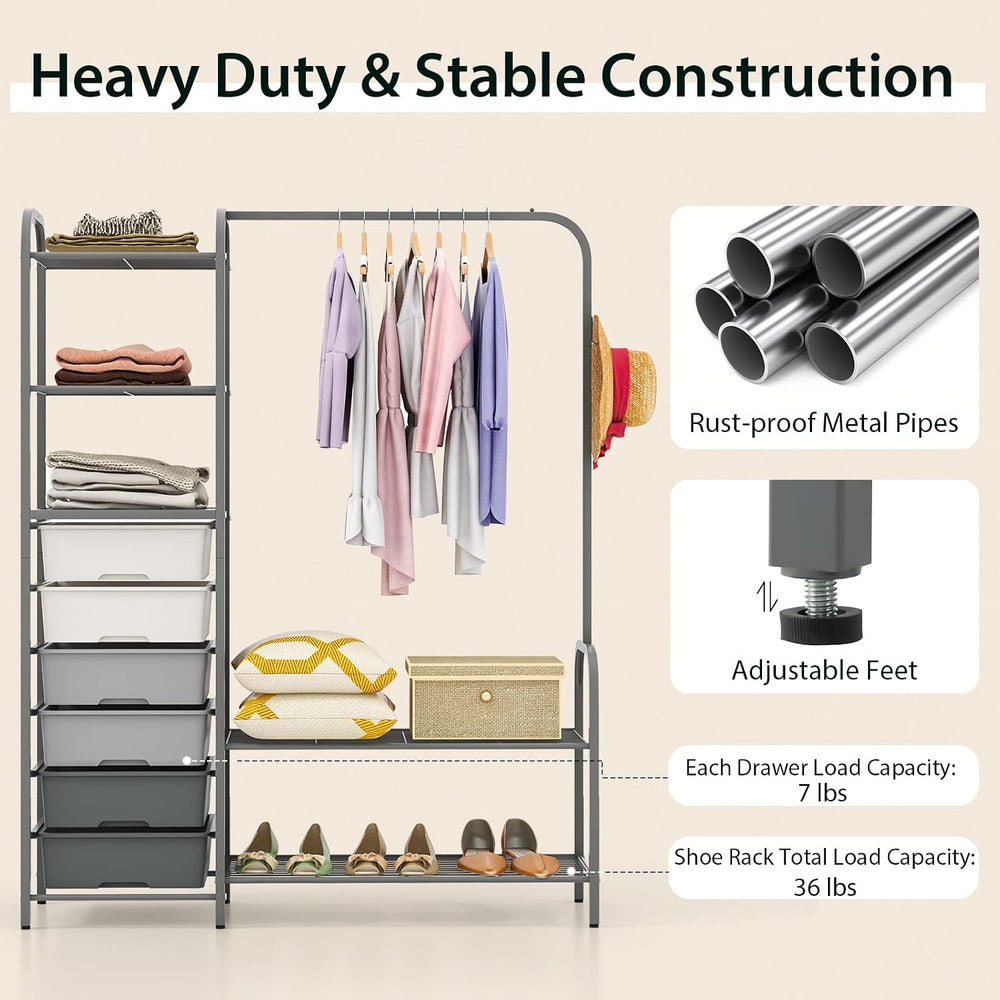 Tangkula Heavy Duty Clothes Rack with 6 Removable Drawers, 3-Tier Open Shelve...