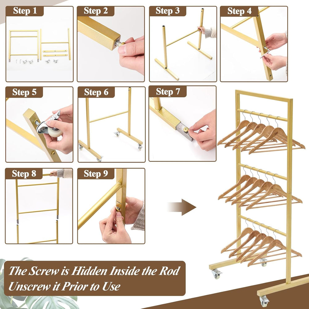 3-Tier Clothing Hanger Rack, 20x16x43 Gold Metal with Casters