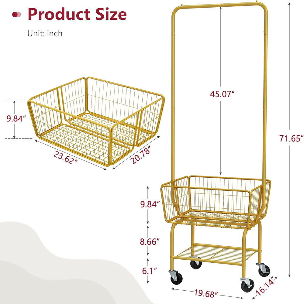 Tajsoon Rolling Laundry Cart with Hanging Rack & Laundry Basket, Gold