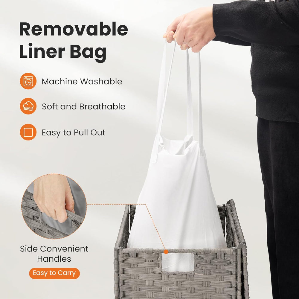 90L Laundry Hamper with Lid, Hand-Woven Pp Rattan Laundry Basket with Compart...