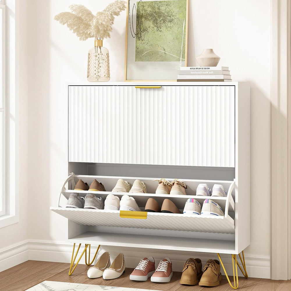 Fluted Shoe Cabinet with 2 Flip Drawers, Gold Handle and Metal Legs, White丨Fl...