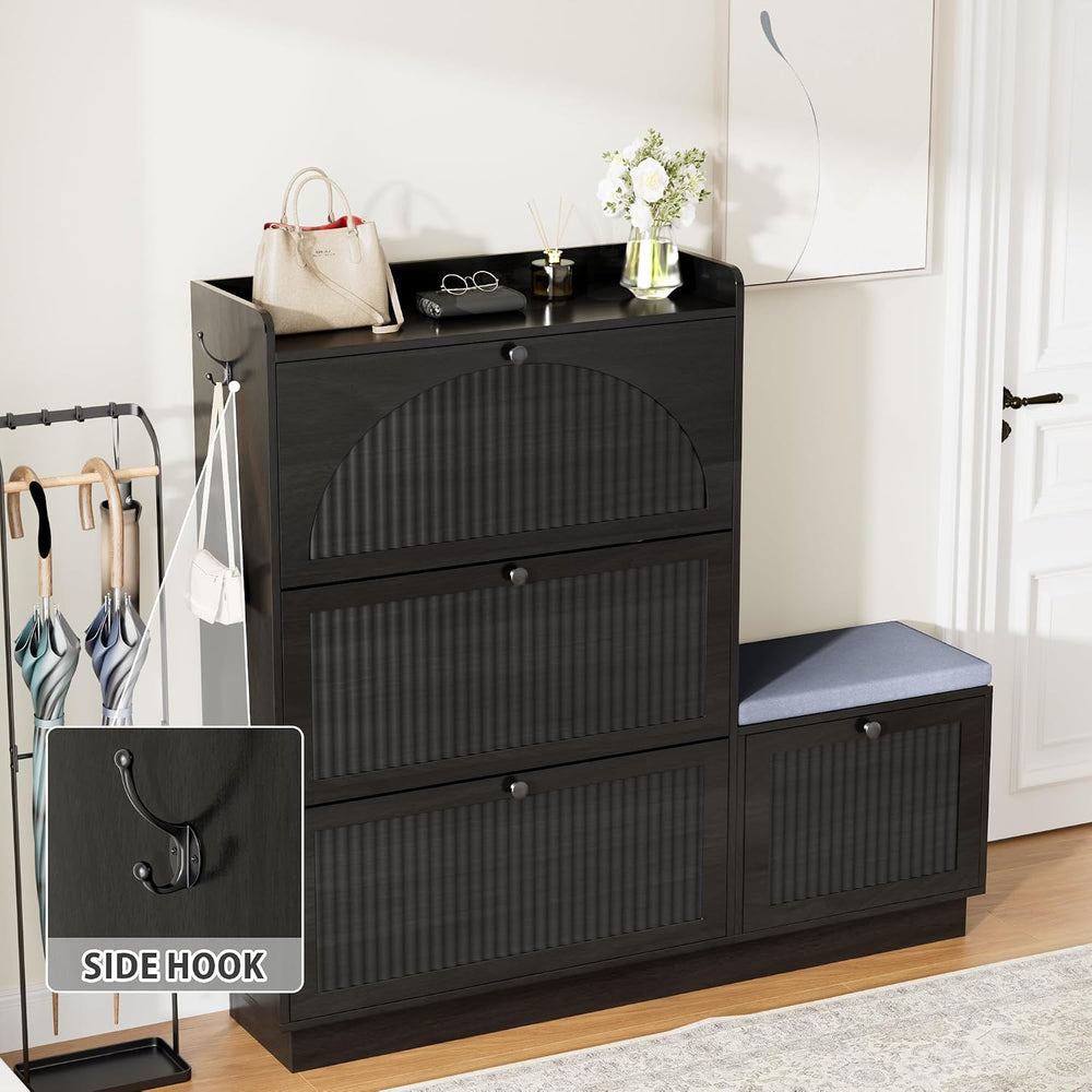 Shoe Storage Cabinet for Entryway with 4 Flip Drawers & Bench (Black)
