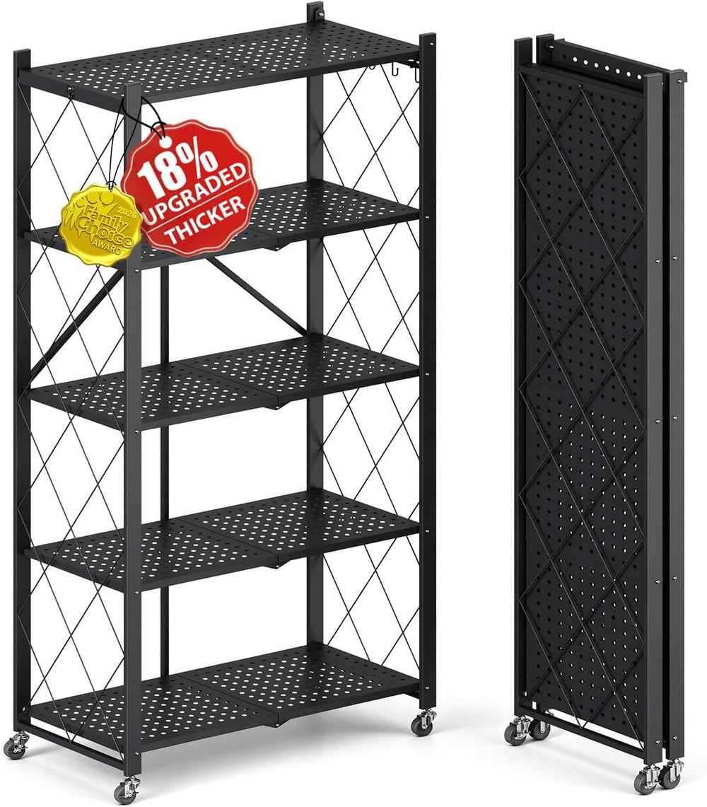 Upgraded 18% Thickened Portable 5-Tier Foldable Storage Shelves with Wheels
